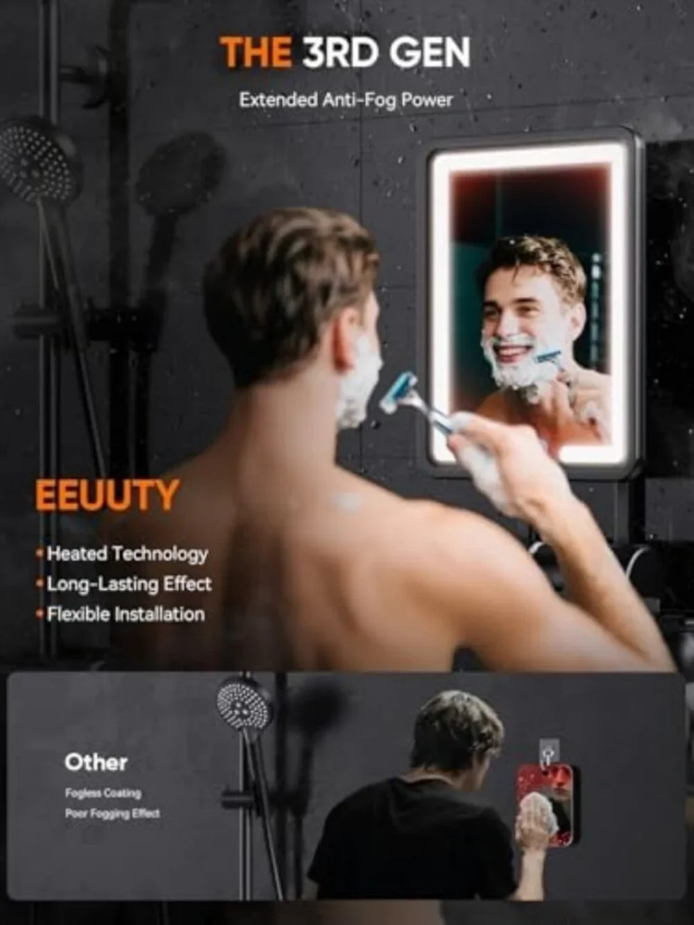 Fogless Heated Shower Mirror for Shaving - Dimmable Lights, Anti-Fog, No-Drill